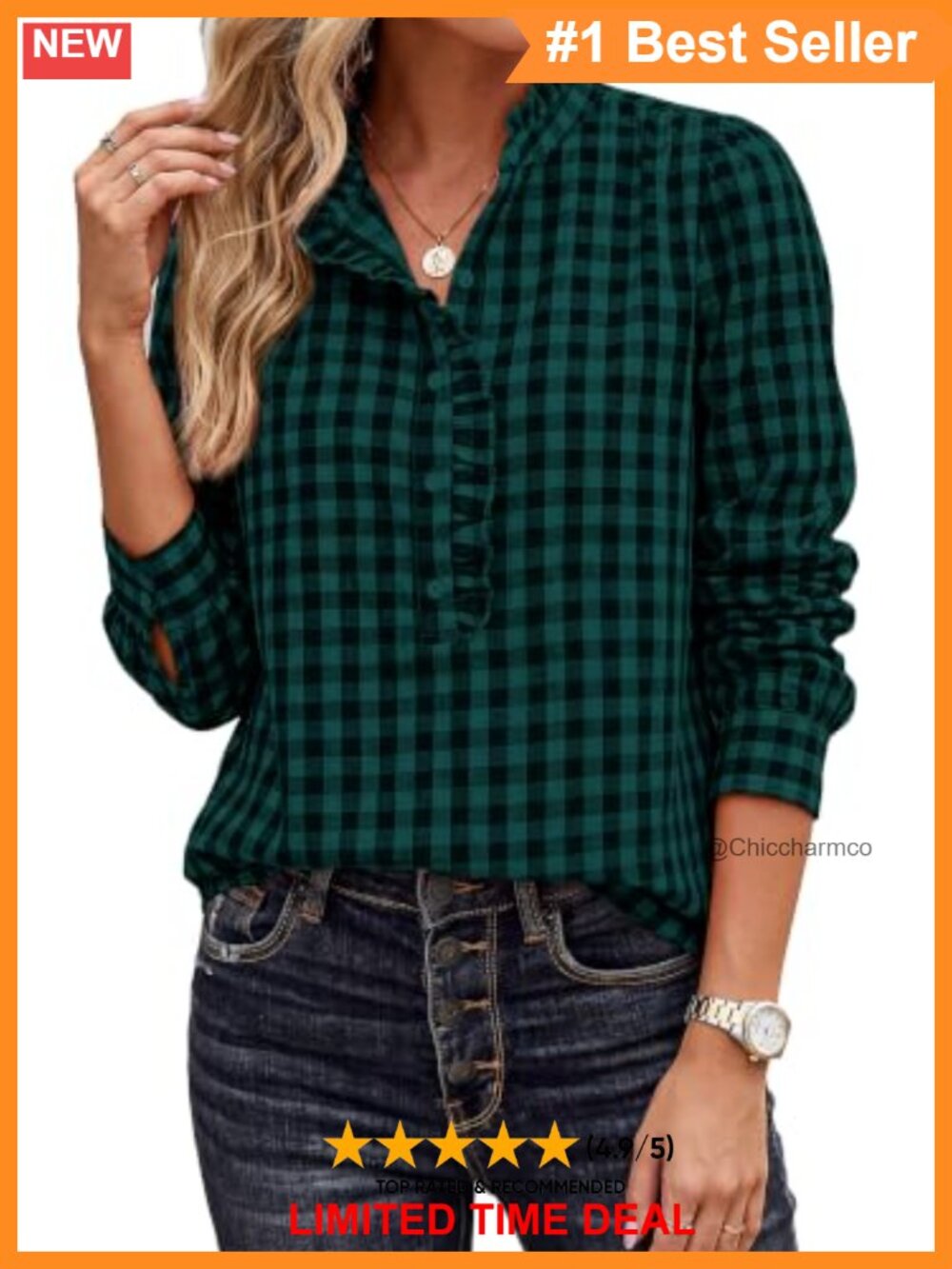 Womens Cotton Button Down Plaid Ruffle V-Neck Puff Sleeve Blouse | Office